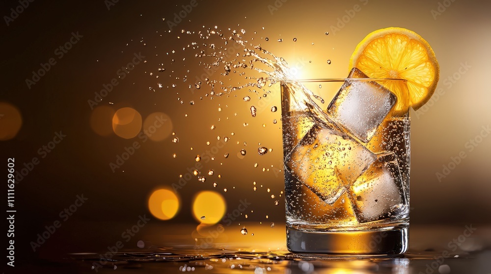 Poster a glass of tonic water with ice cubes and a twist of lemon, highlighted by sparkling bubbles and con