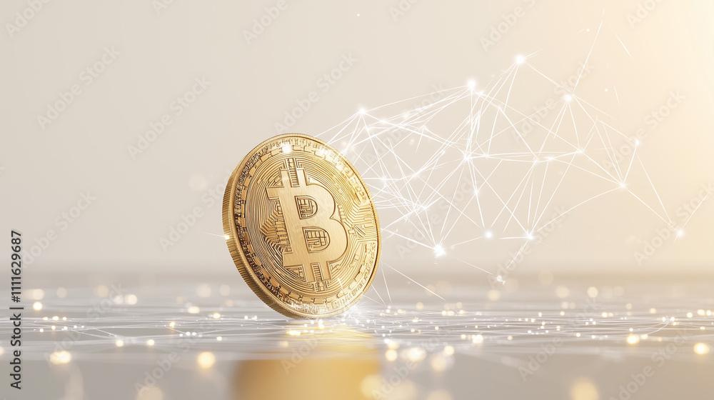 Poster bitcoin revolution: golden bitcoin cryptocurrency coin on a reflective surface with a network connec