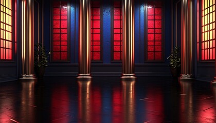 Elegant Room With Gold Columns Red And Blue Windows