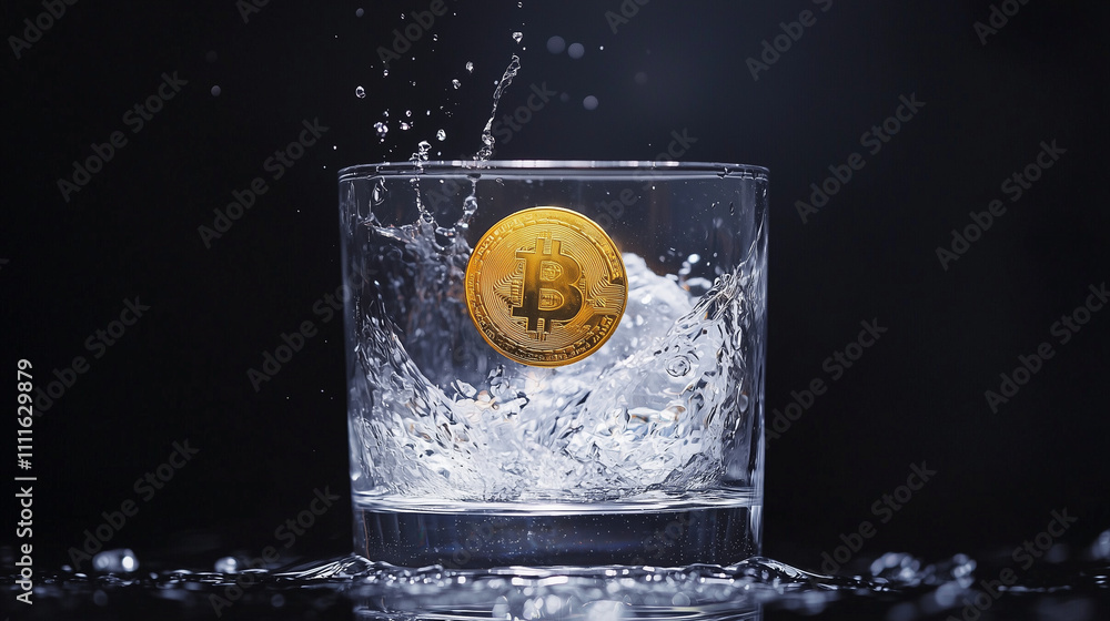 Poster bitcoin splash: a golden bitcoin coin plunges into a glass of water, creating a dramatic splash and 
