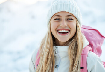 Cheerful woman in a white beanie with pink bag enjoying winter snow, cold season environment theme