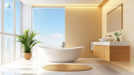Fototapeta premium A modern bathroom remodel showcasing sleek tiles, a new vanity, and an elegant freestanding bathtub. The room is being updated with contemporary design elements for a fresh, luxurious feel.