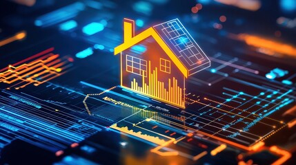 Obraz premium A modern digital interface displaying a house icon, financial charts, and mortgage details, showcasing real estate investment, insurance, and interest rate analysis.