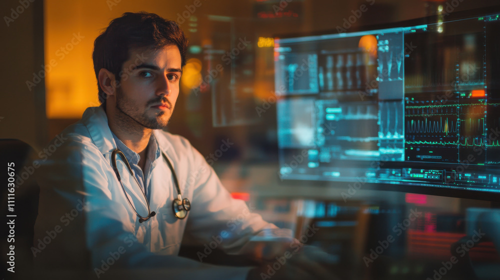 Poster focused technician analyzing data on multiple screens in dimly lit room, showcasing advanced technol