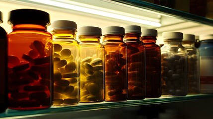 Medicine bottles neatly arranged on a wooden shelf, symbolizing the importance of organization and care in healthcare management.