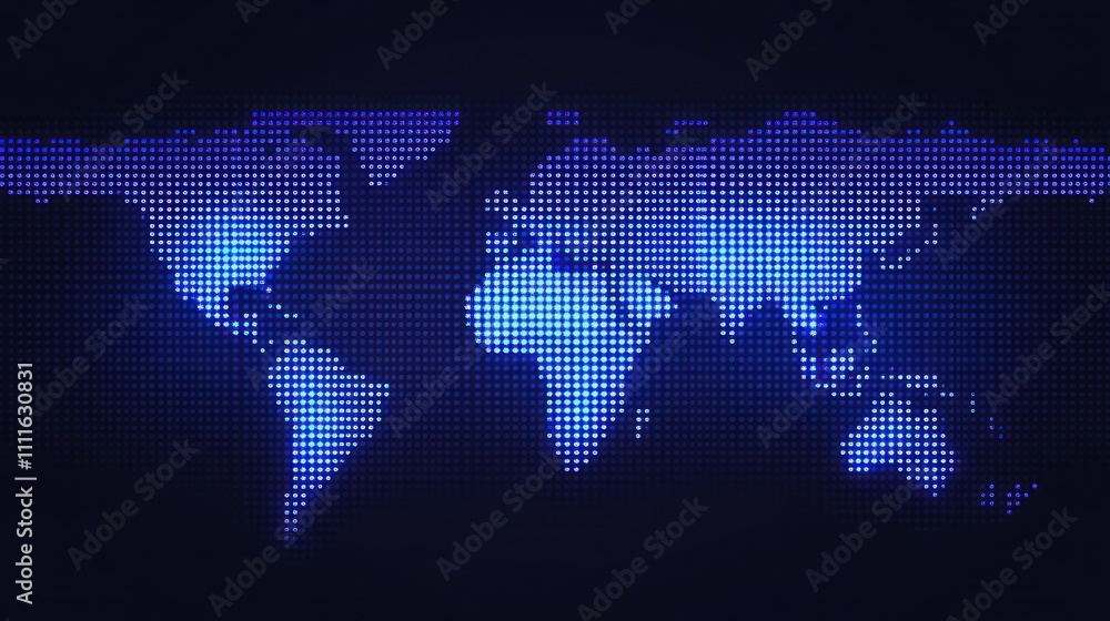 Poster digital world map displayed in blue pixelated design
