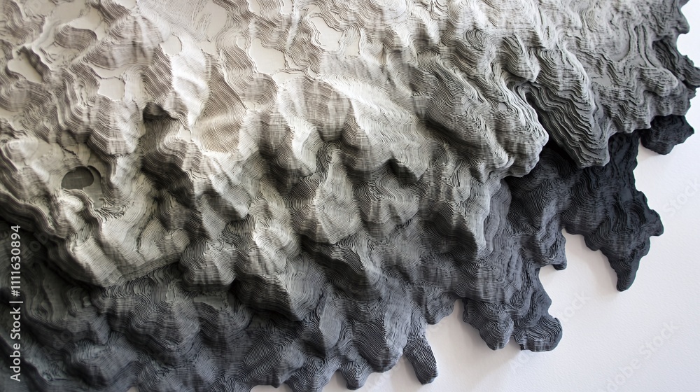 Poster 3d printed layer patterns creating topographic effects rendered in single-color gradients