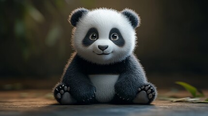 Obraz premium Adorable baby panda bear sitting on wooden surface.