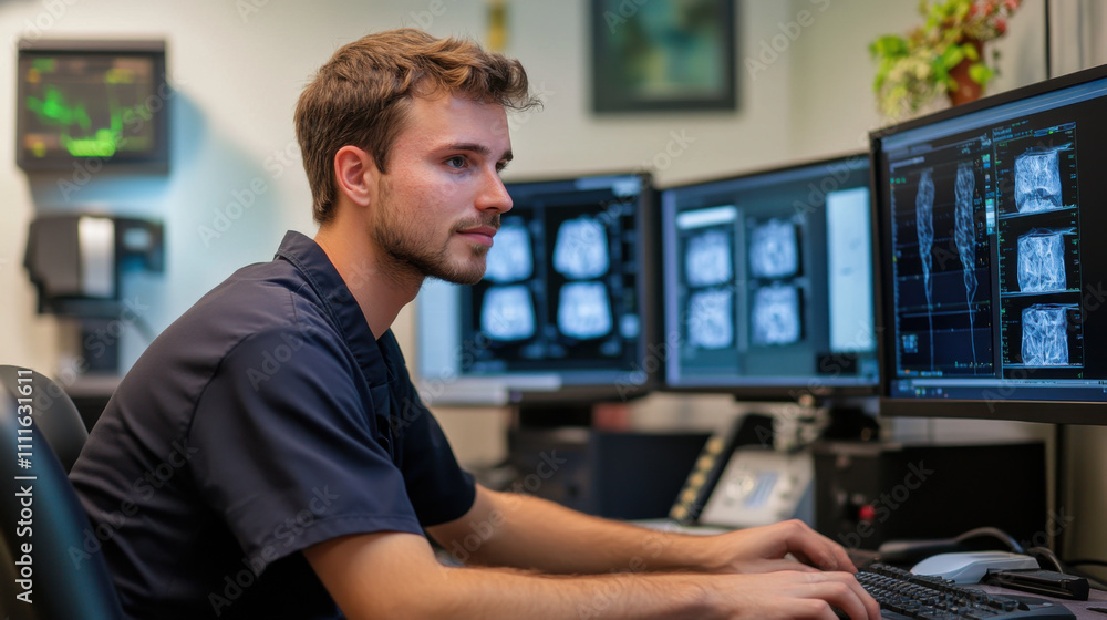 Poster technician analyzing imaging data on multiple monitors in lab setting, focused on fine tuning parame