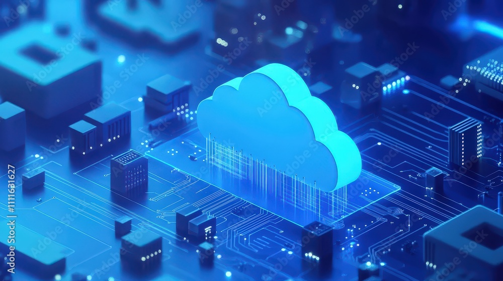 Poster a stylish, minimalist illustration of cloud computing on a blue circuit board. the cloud is depicted