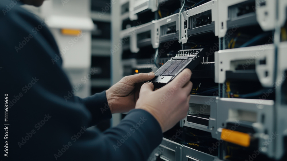 Poster technician inspecting power modules in portable server setup, showcasing attention to detail and tec