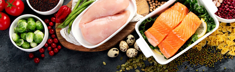 Healthy eating plan. Diet and meal planning on dark gray background.