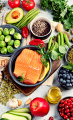 Selection of healthy food on light gray background. Clean eating concept.