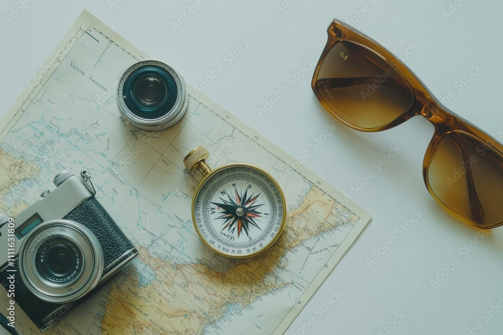 Aufkleber Preparation for exploring includes a map, compass, camera, and sunglasses, set against a clean white background with space for notes. Generative AI