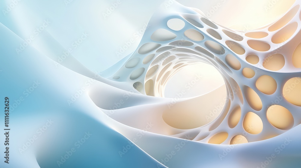 Poster abstract representation of a modern white structure with curved surfaces and intricate patterns unde
