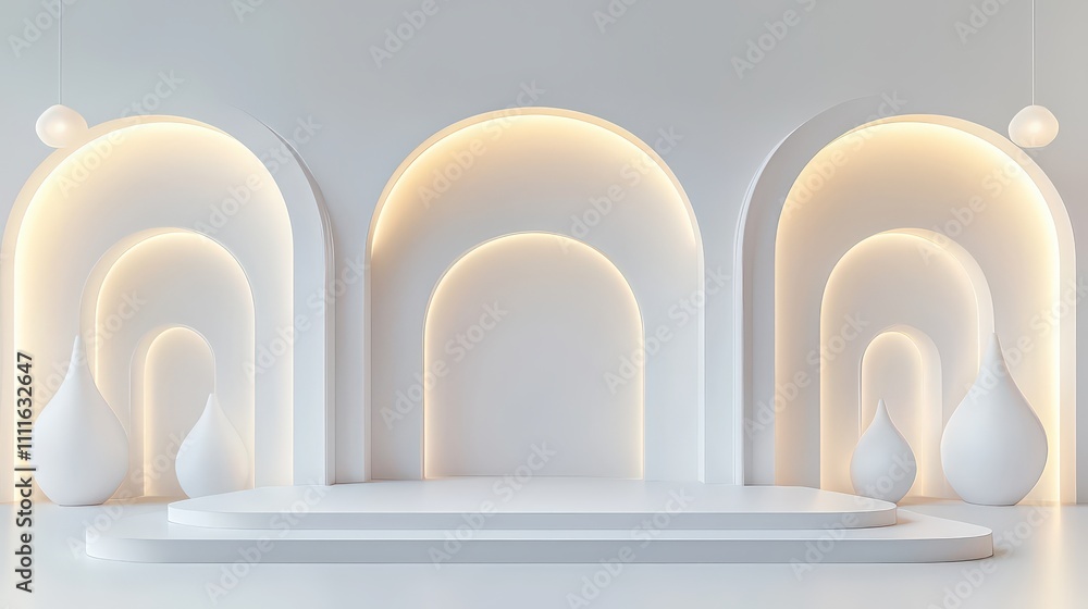 Poster abstract white architectural composition, featuring repeating patterns of arches and lines, illumina