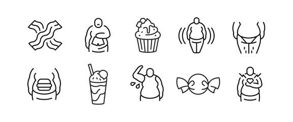 Fast Food icons. Set of 10 fast and junk food minimal icons. Examples: burgers, sodas, unhealthy body, diet, candy. For use in health education. Vector illustration