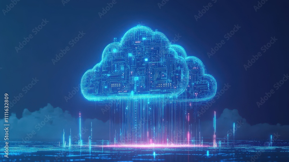Poster an abstract vector illustration of cloud computing, featuring a cloud shape made of interconnected c