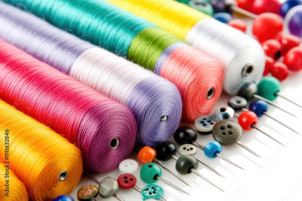 Poster discover a variety of sewing essentials including vibrant threads, buttons, and needles, perfectly a