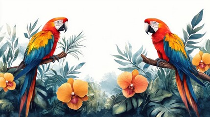 Fototapeta premium An artistic composition of rainforest elements, including colorful macaws perched on branches, bright orchids, and dense green foliage. showcasing the unique flora and fauna 
