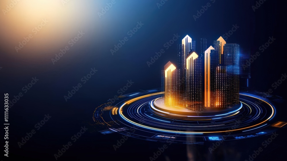 Poster circular logo incorporating binary code patterns and abstract building designs, blending technology 
