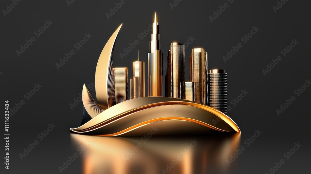 Poster elegant architecture logo with a stylized skyline and abstract arcs, designed in gold tones for a pr
