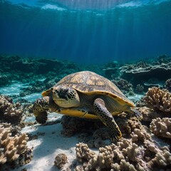 Fototapeta premium A turtle resting on a coral shelf with the light refracting through clear water.