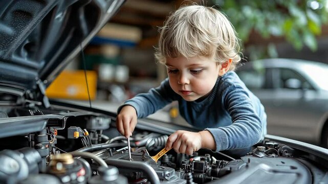 A boy repairs a car under the hood. Curious Toddler Explores Car Mechanics with Enthusiasm and Focus