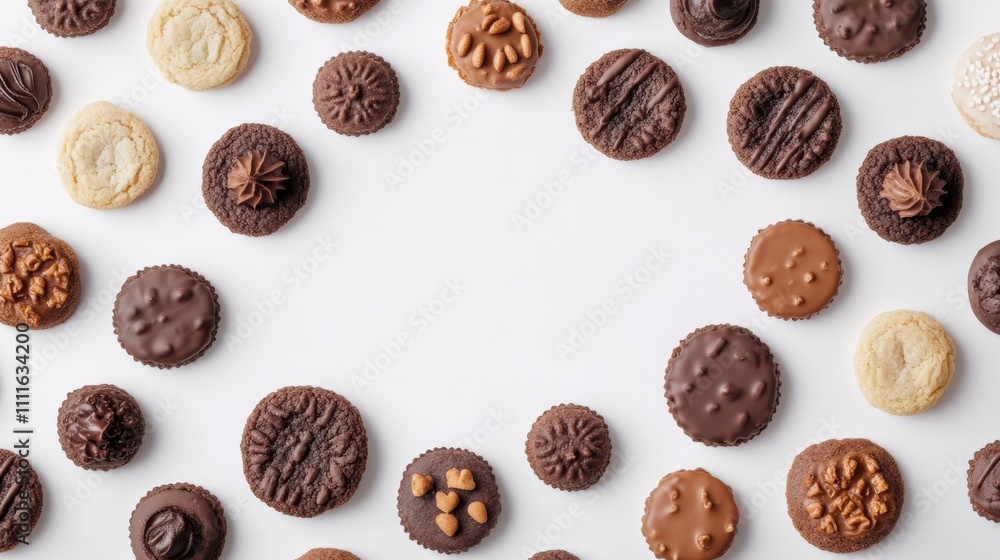 Poster delicious sweets and cookies arranged neatly on a white background, featuring a clear space for pers