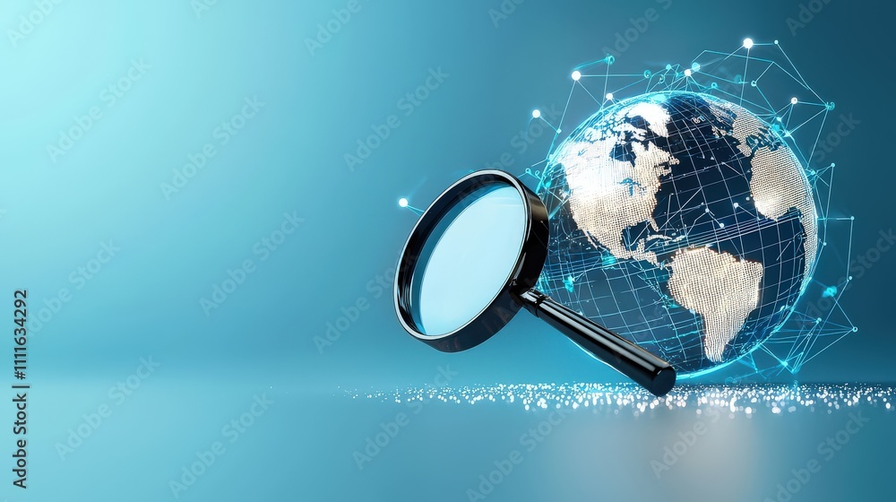 Aufkleber a futuristic globe with interconnected nodes highlighted by a magnifying glass, emphasizing global b