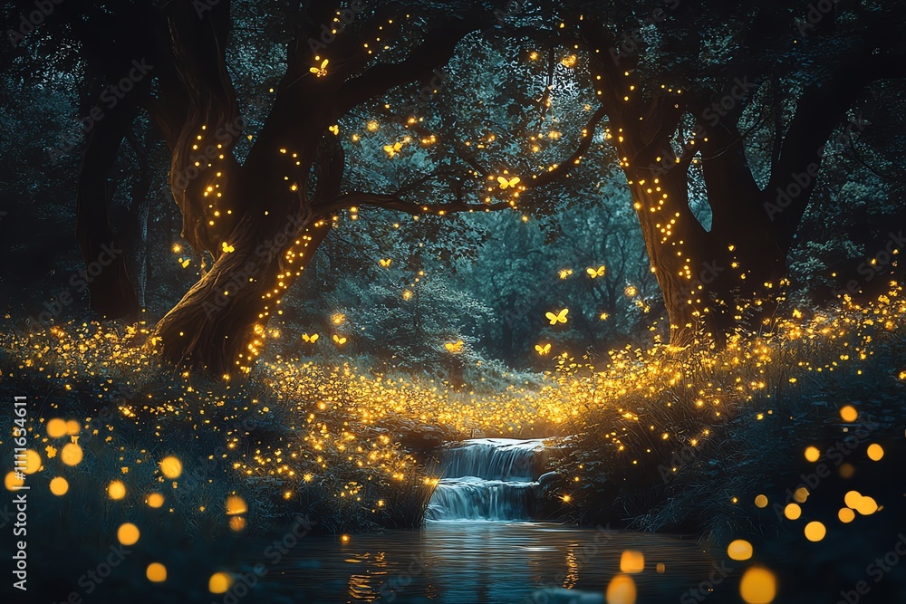 Poster enchanting forest scene with glowing fireflies and a cascading stream.