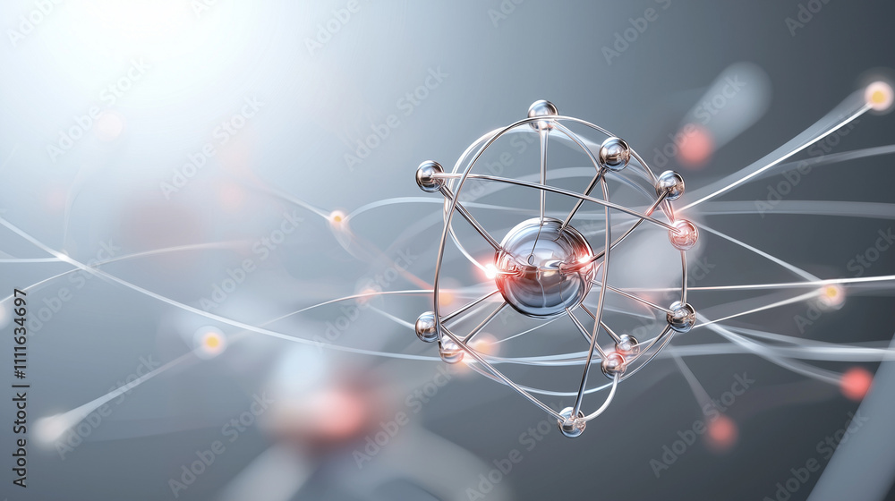 Poster atomic structure: a 3d rendering of an atom's intricate network, glowing with subtle energy, against