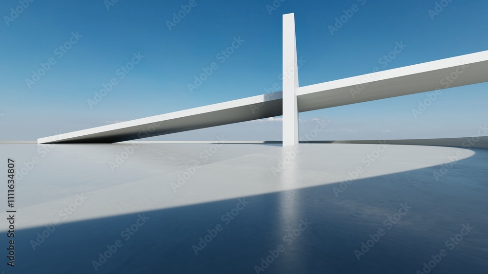 Aufkleber 3d render of abstract modern white  concrete architecture with empty cement floor, minimal exterior, car presentation background