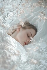 Sleeping girl, white sheets, delicate branches.