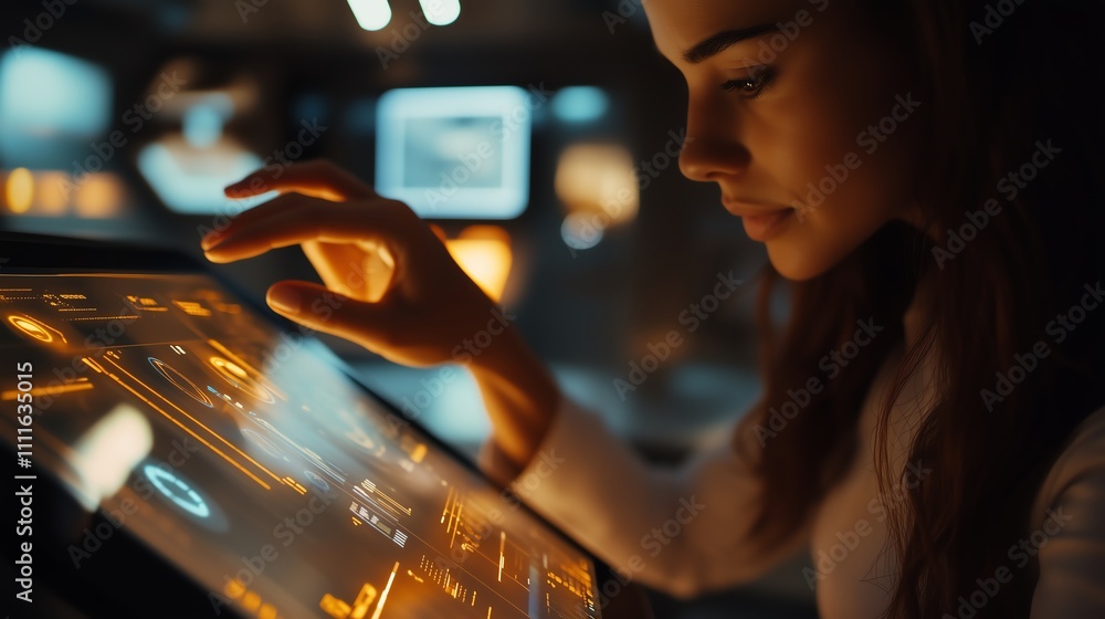 Poster close-up of a woman’s hands using a sleek touchscreen tablet to analyze data visualization in a diml