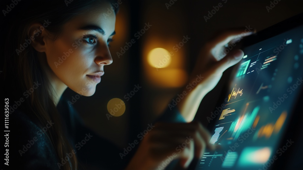 Poster close-up of a woman’s hands using a sleek touchscreen tablet to analyze data visualization in a diml