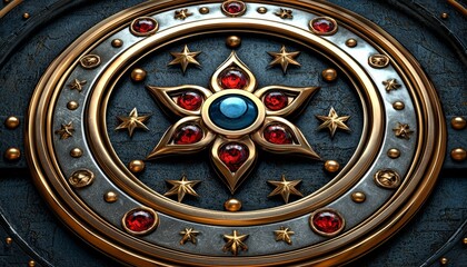 Obraz premium Ornate Golden Circular Emblem with Gems and Stars