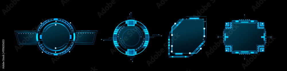 Leinwandbilder Hud ui game frame. Tech interface element. Cyber space hologram to display menu data. Digital sci fi bar border for infographic layout. Blue virtual dashboard label. Spaceship techno window design