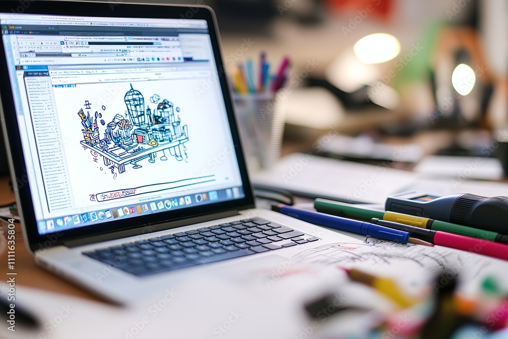 Poster a bird's-eye view of a cluttered desk, with sketches, markers, and a laptop displaying design softwa