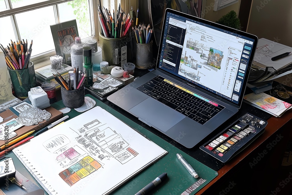 Poster a bird's-eye view of a cluttered desk, with sketches, markers, and a laptop displaying design softwa