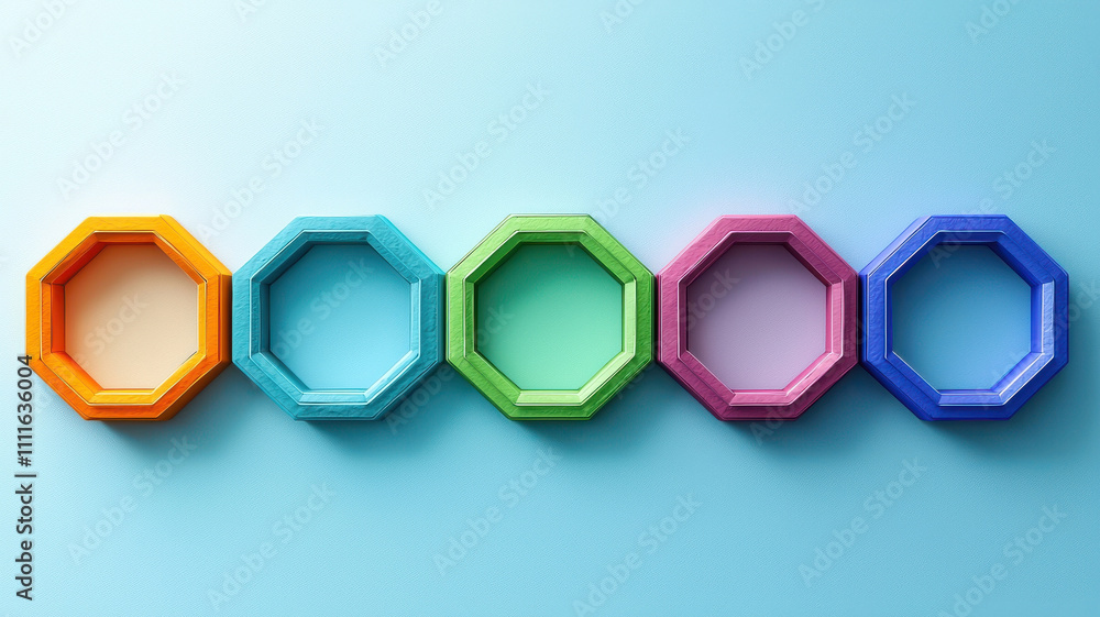 Poster hexagon infographic concept. colorful hexagonal frames arranged in row on blue background