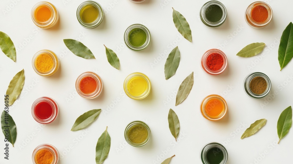 Aufkleber Vibrant jars of spices arranged with bay leaves and cinnamon sticks create an aromatic display, offering space for custom text. Generative AI