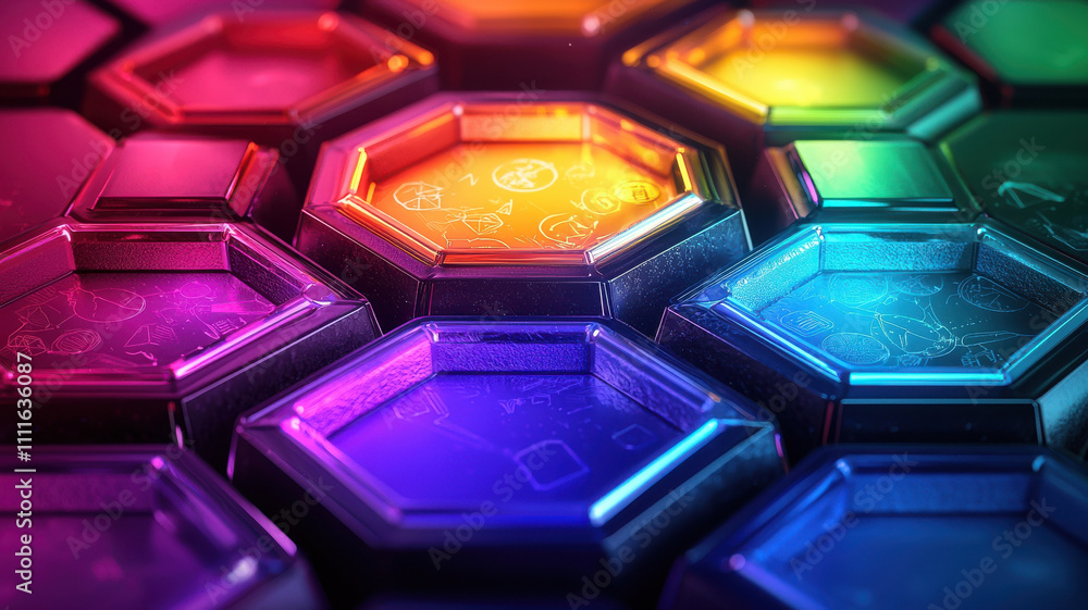 Aufkleber hexagon infographic concept. colorful hexagonal tiles with intricate designs create vibrant pattern