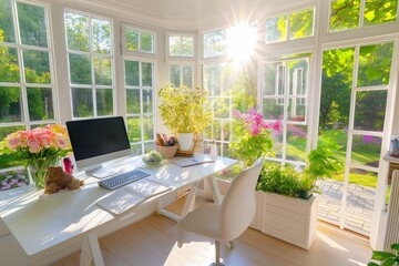 A bright, airy room with a standing desk facing a large window overlooking a garden.