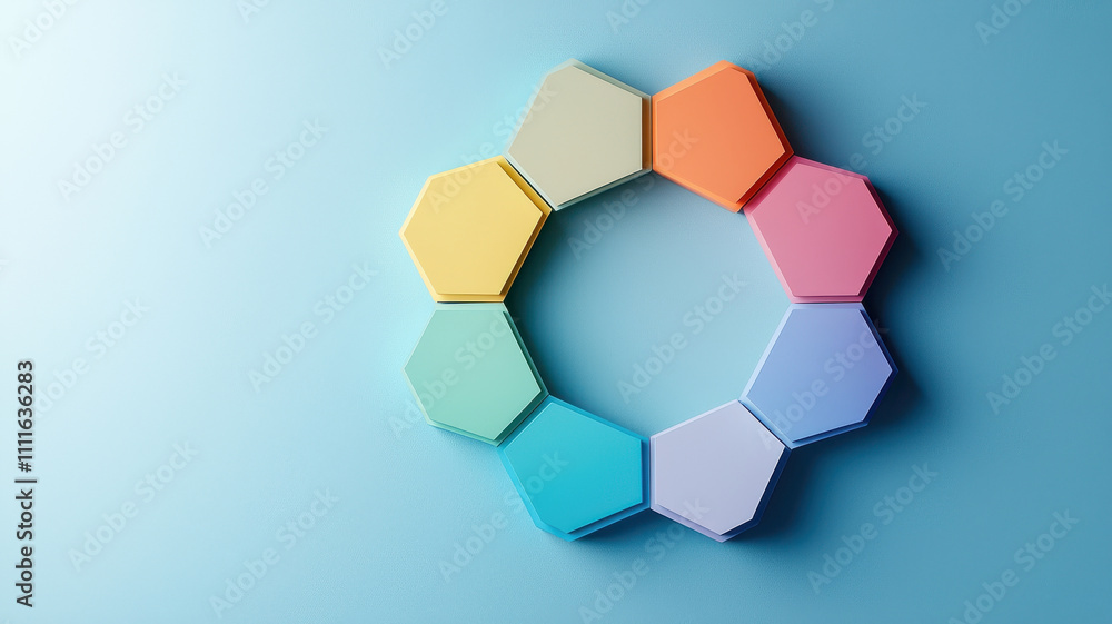 Aufkleber hexagon infographic concept. colorful hexagonal shapes arranged in circular pattern on blue backgrou