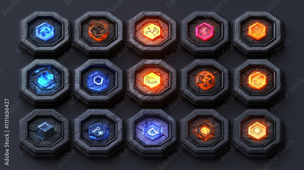 Poster hexagon infographic concept. stylish set of glowing icons in hexagonal frames, perfect for design