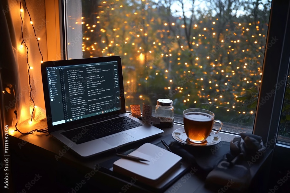 Poster a corner workspace with string lights,and a cup of herbal tea on the desk.
