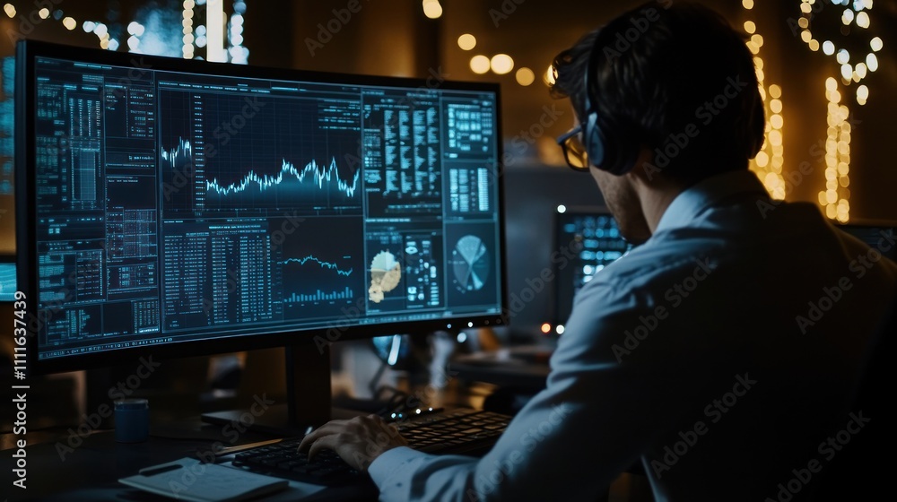 Poster person analyzing data on a computer screen