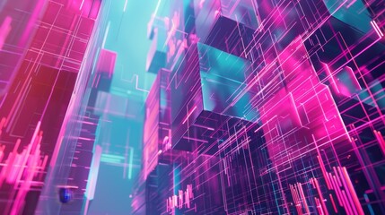 Complex network of interconnected cubes and glowing lines illustrating data flow in a futuristic server room, symbolizing digital information processing