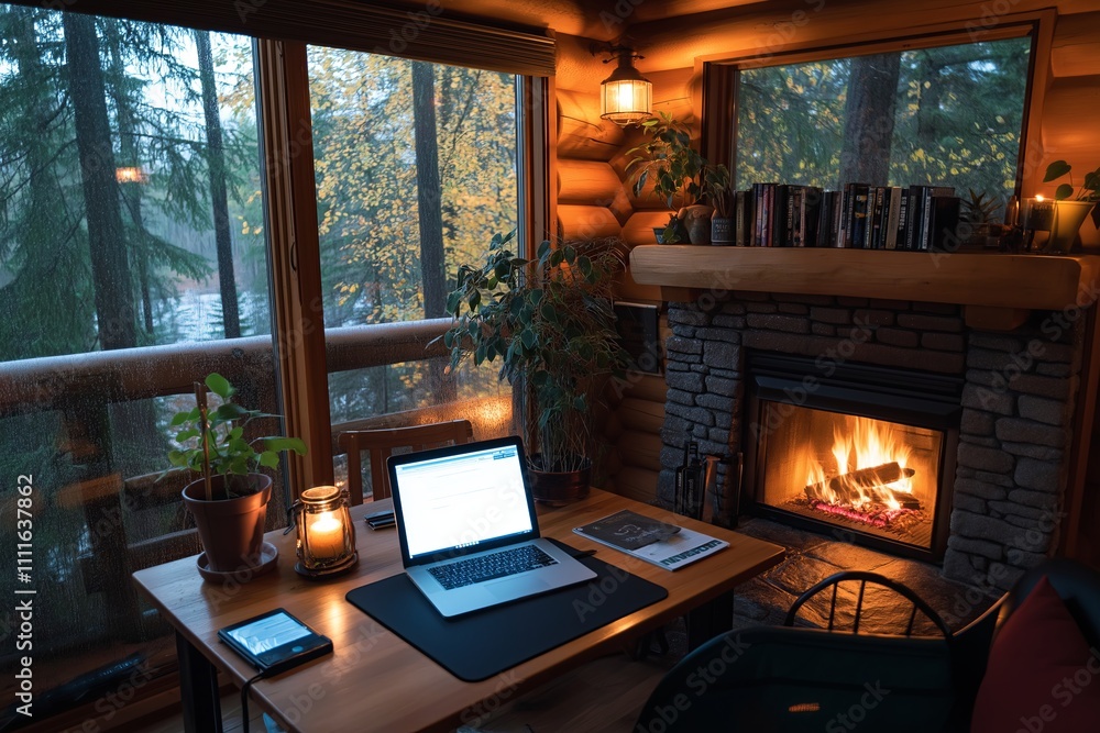 Poster a cozy cabin interior with a fireplace in the background and a laptop on the desk in front of it
